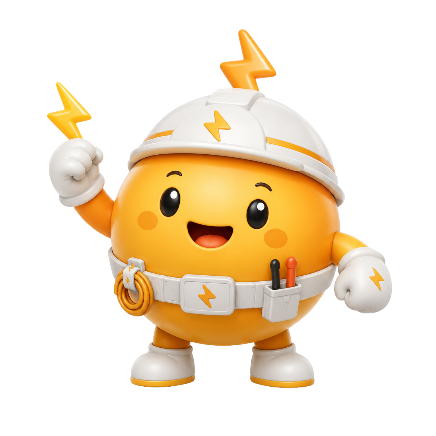 稲妻を掲げて元気よくポーズを取るOKADENのキャラクター