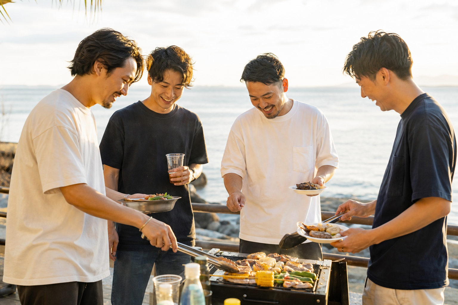 海辺でバーベキューを楽しむ社員たち
