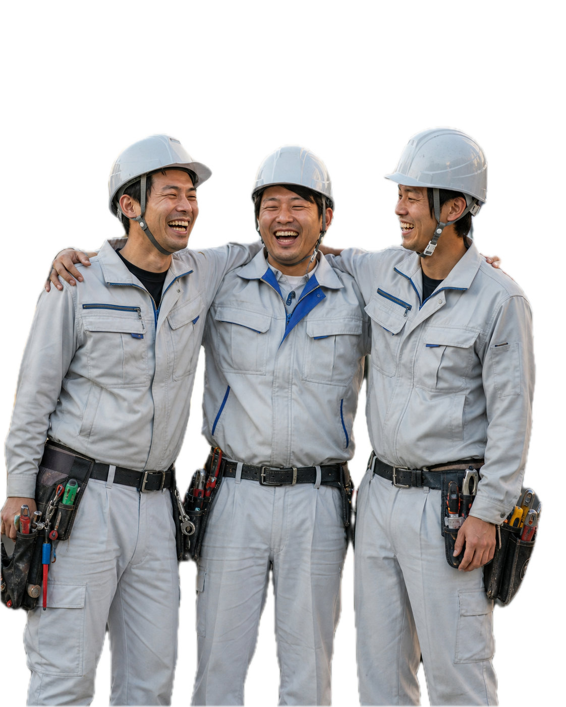 肩を組んで笑い合う仲の良い男性作業員たち